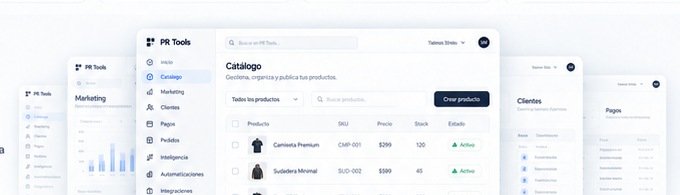 Vistas de catálogo, marketing, clientes y pagos en PR Tools